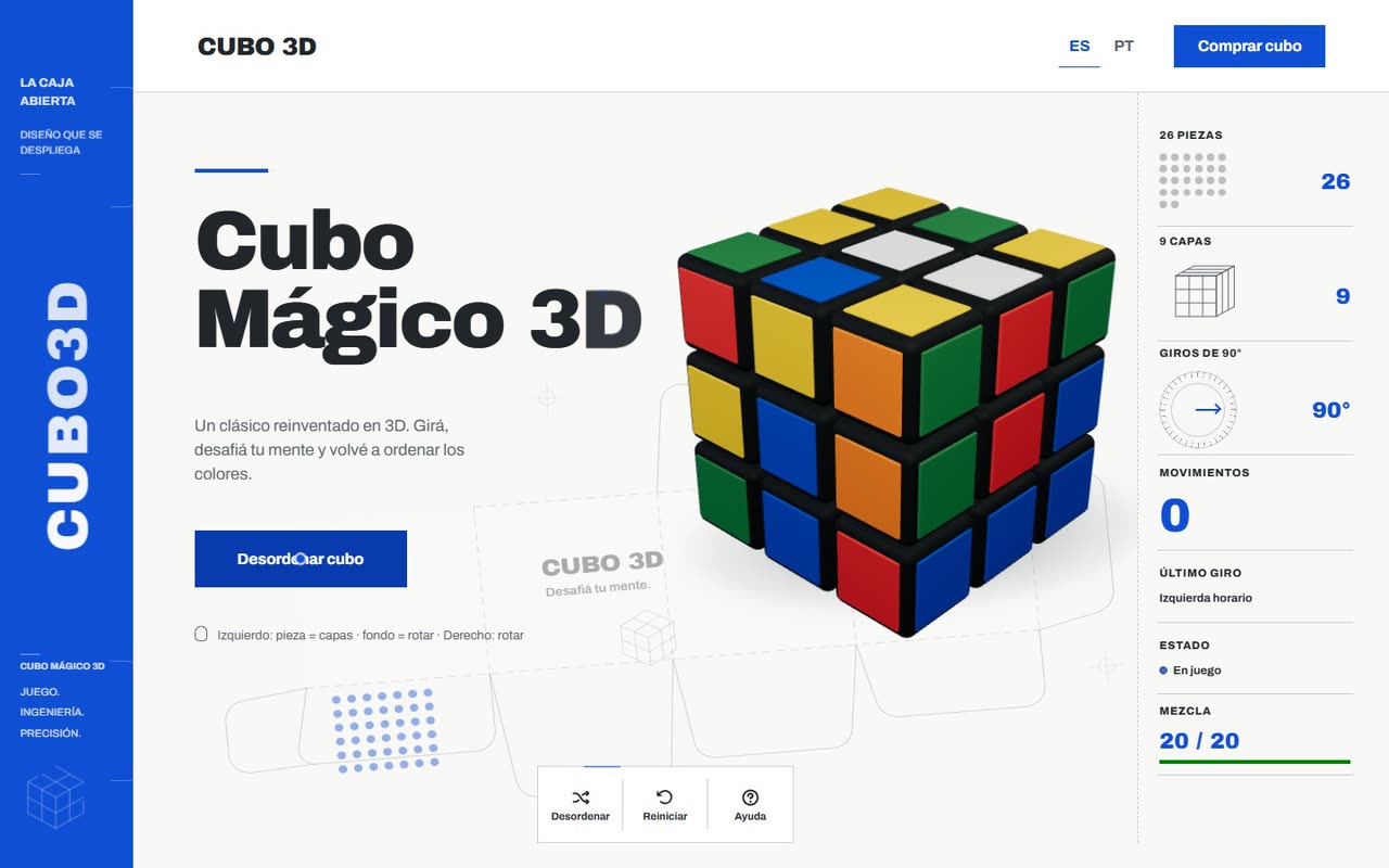 Cubo mágico 3D con interfaz blanca y azul