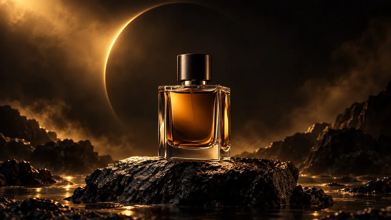 Perfume ÁUREA iluminado por una luz dorada sobre una superficie oscura